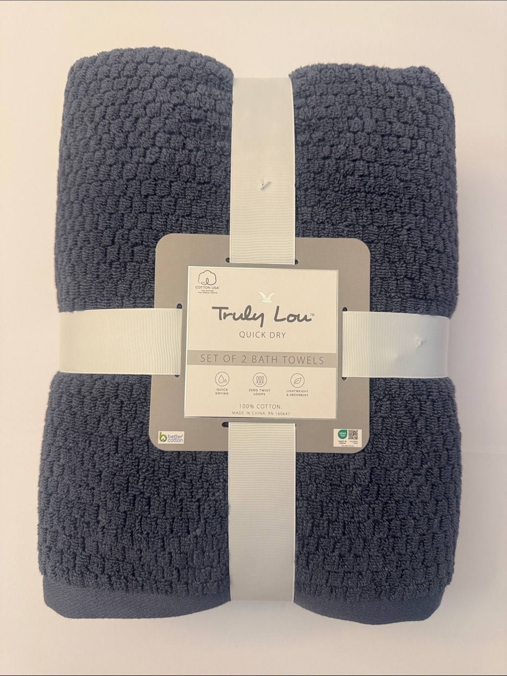 2pc TRULY LOU Quick Dry 100% Cotton Zero Twist Loops Bath Towels - French Blue